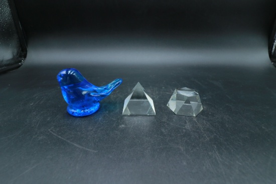 Glass Bird & 2 Glass Paper Weights