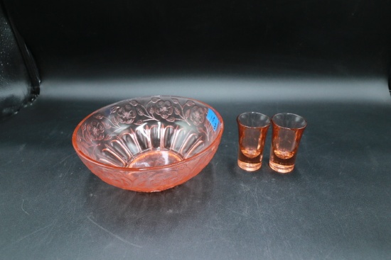 Pink Depression Glass Bowl & 2 Shot Glasses