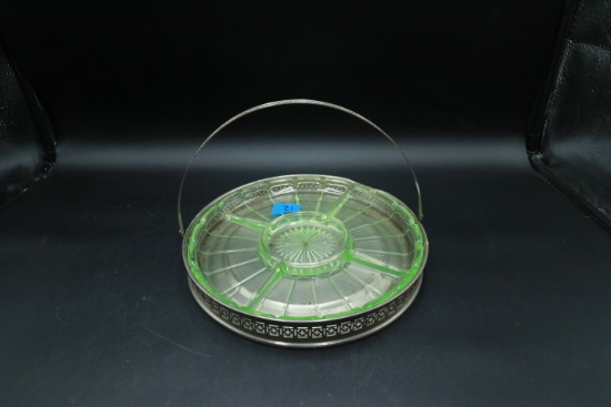 Depression Glass Divided Tray on Metal Stand with Handle