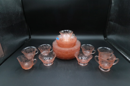 14 Pink Depression Glass Dogwood Pattern Plates with Assort. Cups & Saucers