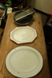 2 Enamelware Platters, Metal Baking Pan & Sifter
