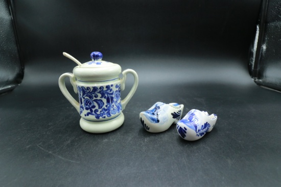 2 Delft & Blueware Condiment Jar