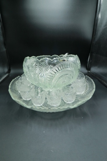 Vintage Pressed Glass Punch Bowl, 12 Cups & Tray