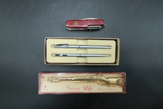 Sheaffer Pen Set, Souvenir Rifle And Swiss Army Knife