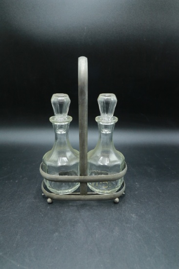 Antique Vinegar And Oil Set With Metal Frame