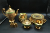 Set Czechoslovakian Porcelain 24kt Platinum Gold Encrusted Tea Set, Empire Pattern