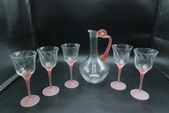 5 Pink Swirl Glass Goblets & Pitcher