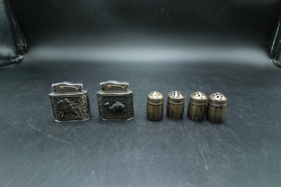 2 Antique Lighters and 4 Sterling Shakers