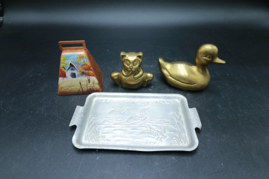 Hammered Aluminum Tray, 2 Brass Animals And Small Cowbell