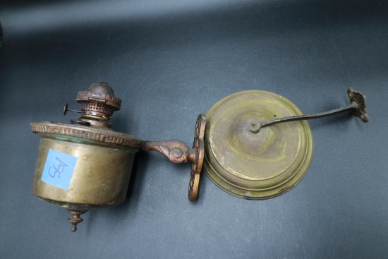Antique Wall Moiunted Brass Oil Lamp With Smoke Bell