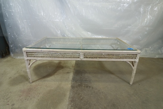 Painted Wicker Glass Top Coffee Table