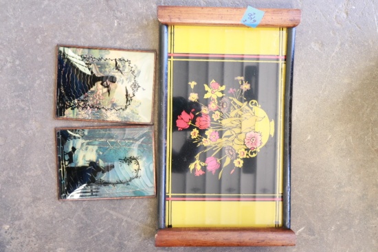 Mid Century Painted Glass Tray & Sillouette Pictures