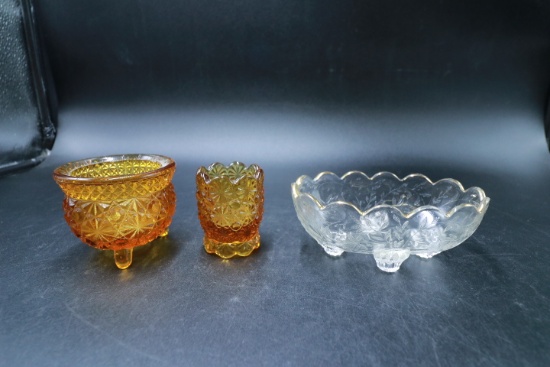 2 Amber Glass Pieces & Bowl