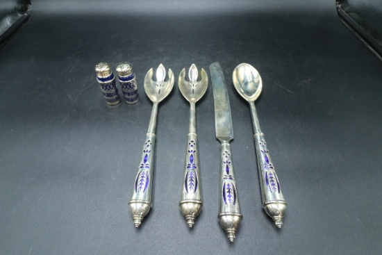 4 Silverplated Serving Utensils with Cobalt Accents