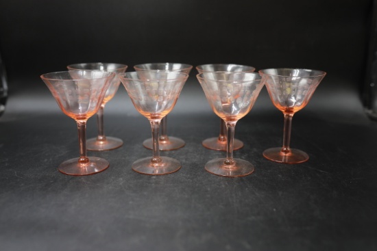 Set Of 7 Pink Depression Glass Stems