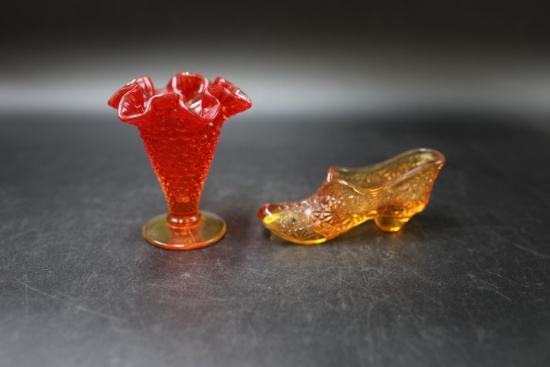 Hobnail Vase And Amber Shoe