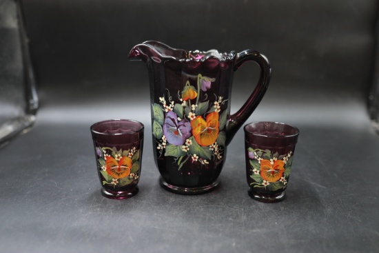 Amethyst Glass Hand Painted Pitcher with 2 Glasses