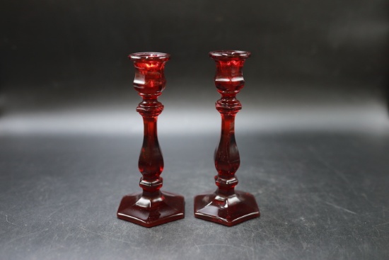 Pair of Ruby Glass Candlesticks
