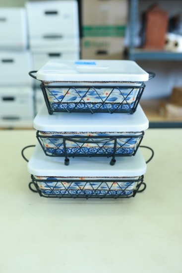Temptations 3 Baking Dishes with Plastic Tops & Metal Stands