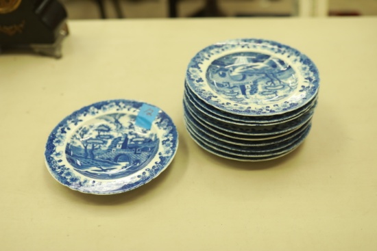 6 Blue Castle Plates & 4 Soup Bowls