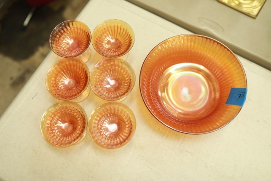 Carnival Glass Berry Bowl & 6 Sherbets