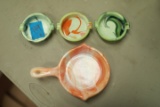 3 Floram Art Glass Ashtrays & Art Glass Skillet