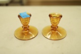 Pair of Amber Depression Glass Candlesticks