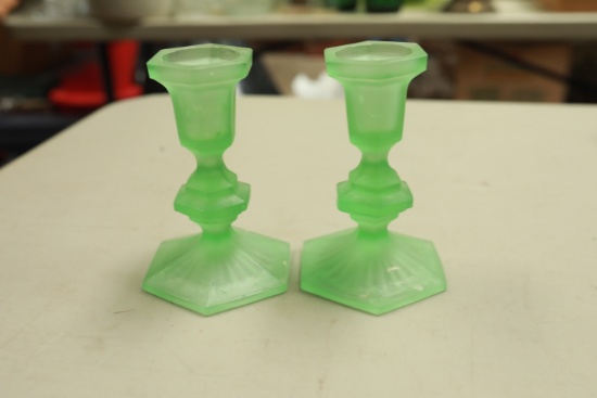 Pair of Green Satin Glass Candlesticks