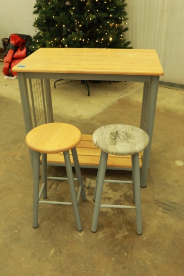 Metal & Wood Island with 2 Bar Stools