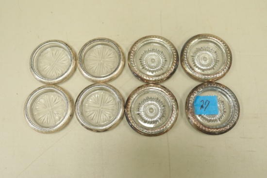 8 Sterling Silver Rimmed & Glass Coasters