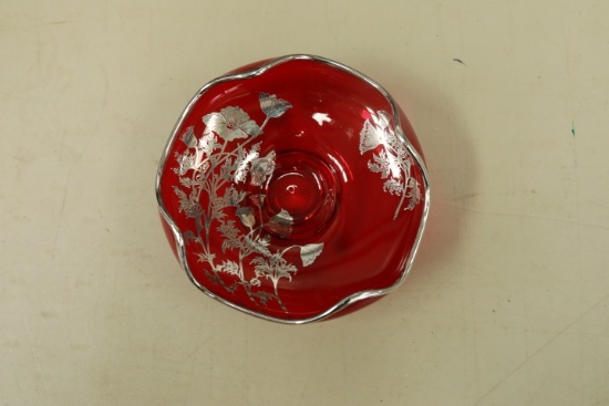 Ruby Glass Silver Overlay Bowl