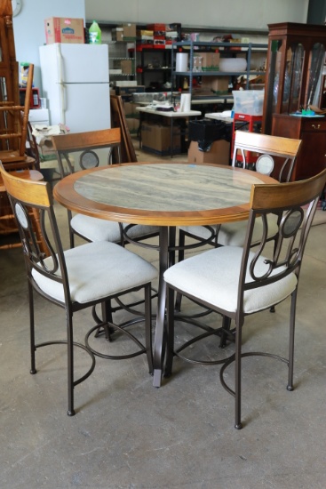 Metal Pub Style Table with Stone Top & 4 Chairs
