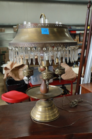 Brass & Wood Hurricane Lamp with Hanging Prisms