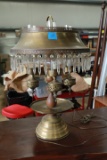 Brass & Wood Hurricane Lamp with Hanging Prisms