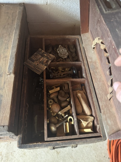 Old Wooden Tool Box & Contents