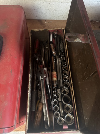 Metal Box with Assorted Sockets & Misc. Tools