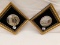 ARTWORK, SET OF 2, ANTIQUE POT LIDS FRAMED ON VELVET WITH GOLD FRAMES. 8.25