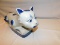 POTTERY CAT, ORIENTAL LOOKING SMALL CHIPPING AT BASE BLUE & WHITE, MEASURES