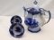 EARLY IRONSTONE FLOW BLUE TEA POT WITH LID & 2 CUPS, SHAPOO, HANDLE CRACKED