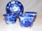 IRONSTONE FLOW BLUE PIECES, 1 SAUCER & 3 CUPS WITH NO HANDLES; SAUCER MARKE