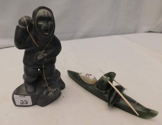 ESKIMO ART FIGURINES; JADE ESKIMO WITH WALRUS ON A CANOE MEASURES 8" WIDE X