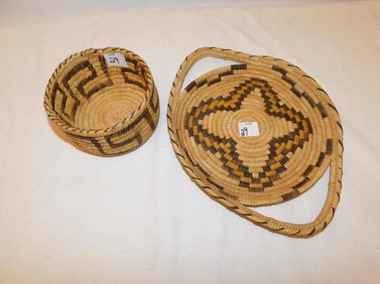 2 BASKETS WOVEN; FLAT BASKET MEASURES 10" WITH HANDLES 13" SMALL BOWL BASKE