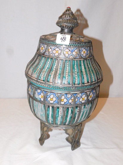 EASTERN LIDDED URN WITH WIRE WRAPPING, VERY ORNATE 3 FOOTED, SIGNED ON BOTT