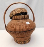 WOVEN BASKET; CIRRCA 1890 COVERED INDIAN BASKET, 17