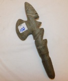 HAND HELD CARVED CEREMONIAL PIECE WITH AN AXE HEAD TYPE BACK, MADE OF STONE