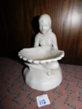 FIGURINE OF A LADY HOLDING A CLAM SHAPED BOWL, UNMARKED MEASURES 8: TALL