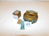 2 COVERED BOXES 1 METAL WITH EMBROIDERY, 1 WITH STONES ON META, MISSING SOM