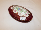MAROON HAND PAINTED DISH WITH LID. MARKED 'P T G FRANCE'  MEASURES 3