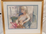 WATERCOLOR OF SITTING TOPLESS FEMALE BY ROBERT E WOOD, AWS. 37.5' X 34.5
