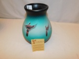 NATIVE AMERICAN POTTERY GREEN & BLACK HAND PAINTED FROM CEDAR MESA, SIGNED